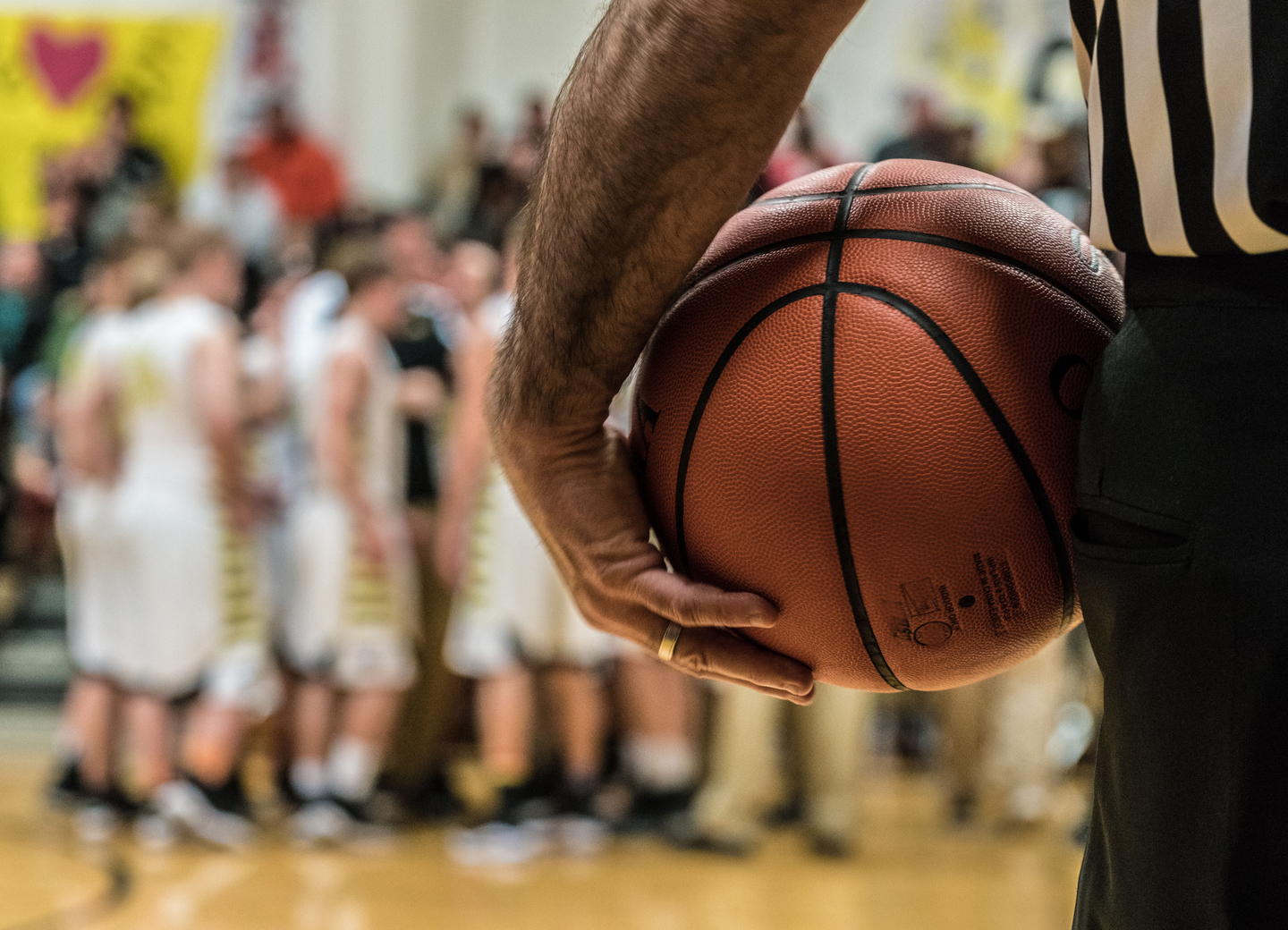 Referee holding a basketball during timeout