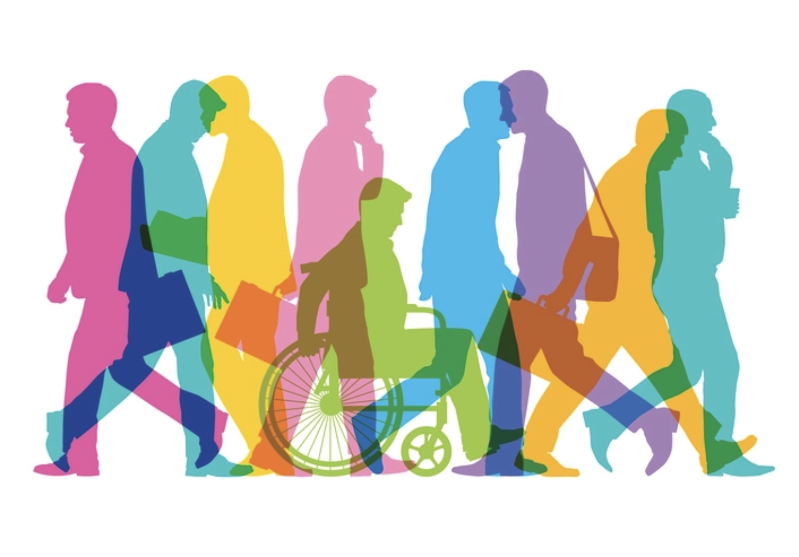 Colored silhouettes of individuals, some with visible physical disabilities